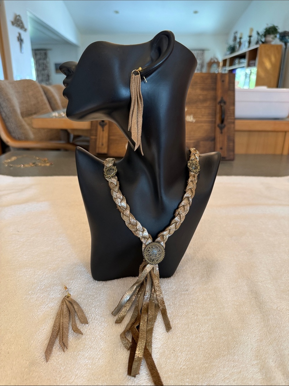 Gold Braided Leather Tassel Necklace and Earrings